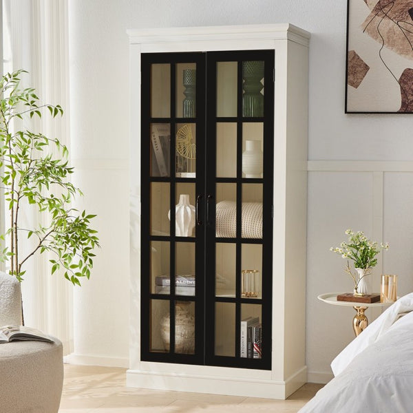English Elm 71.2'' Farmhouse Freestanding Display Cabinet with Lattice Glass Doors and Five Shelves N845P272501B