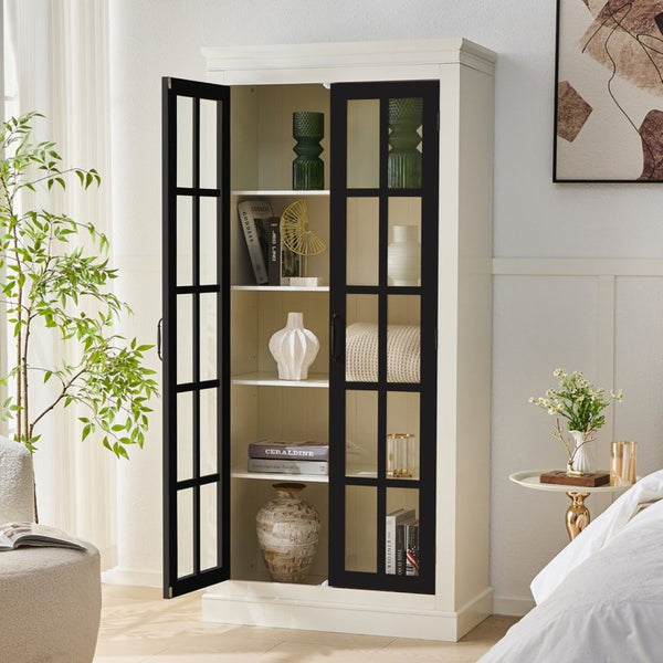 English Elm 71.2'' Farmhouse Freestanding Display Cabinet with Lattice Glass Doors and Five Shelves N845P272501B