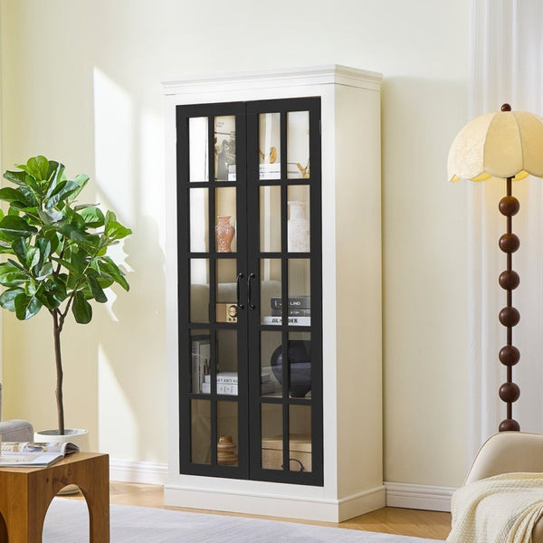 English Elm 71.2'' Farmhouse Freestanding Display Cabinet with Lattice Glass Doors and Five Shelves N845P272501B
