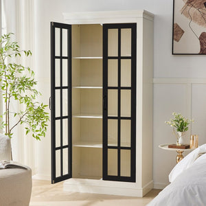 English Elm 71.2'' Farmhouse Freestanding Display Cabinet with Lattice Glass Doors and Five Shelves N845P272501B