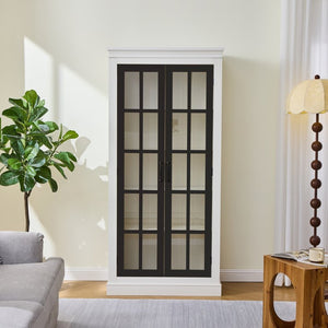 English Elm 71.2'' Farmhouse Freestanding Display Cabinet with Lattice Glass Doors and Five Shelves N845P272501B