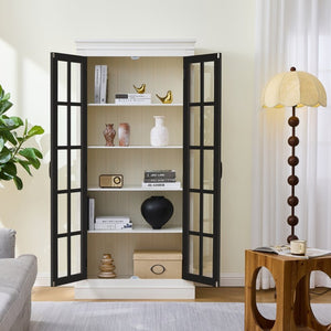 English Elm 71.2'' Farmhouse Freestanding Display Cabinet with Lattice Glass Doors and Five Shelves N845P272501B
