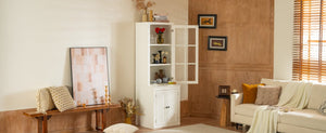 English Elm 75.25'' Farmhouse Pantry Cabinet Lattice Glass Door White Mdf Modular Storage Unit N845P279958W