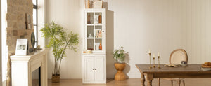 English Elm 75.25'' Farmhouse Pantry Cabinet Lattice Glass Door White Mdf Modular Storage Unit N845P279958W