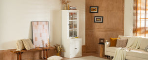 English Elm 75.25'' Farmhouse Pantry Cabinet Lattice Glass Door White Mdf Modular Storage Unit N845P279958W