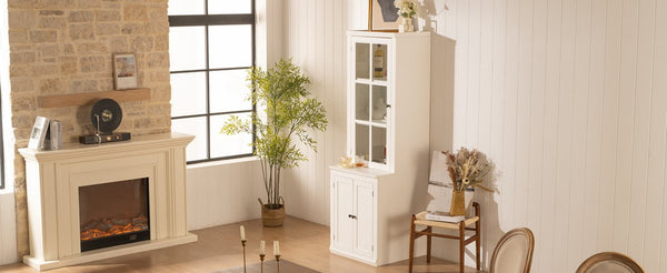 English Elm 75.25'' Farmhouse Pantry Cabinet Lattice Glass Door White Mdf Modular Storage Unit N845P279958W