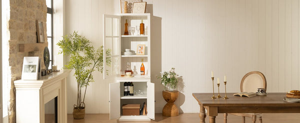 English Elm 75.25'' Farmhouse Pantry Cabinet Lattice Glass Door White Mdf Modular Storage Unit N845P279958W