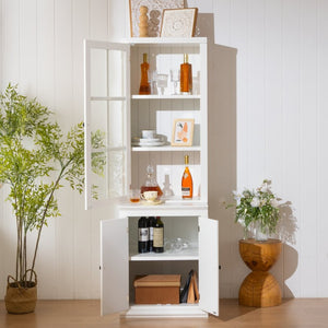 English Elm 75.25'' Farmhouse Pantry Cabinet Lattice Glass Door White Mdf Modular Storage Unit N845P279958W