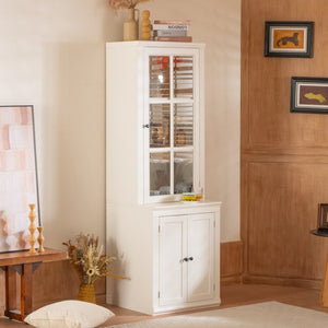 English Elm 75.25'' Farmhouse Pantry Cabinet Lattice Glass Door White Mdf Modular Storage Unit N845P279958W