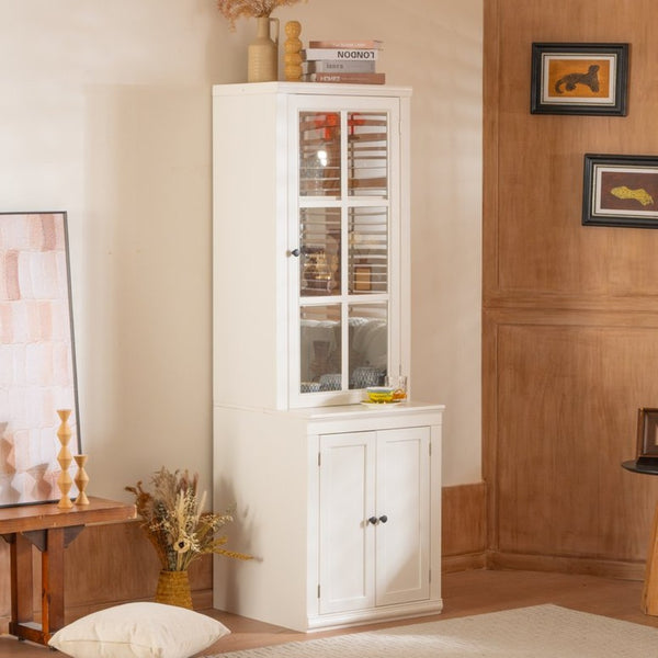 English Elm 75.25'' Farmhouse Pantry Cabinet Lattice Glass Door White Mdf Modular Storage Unit N845P279958W