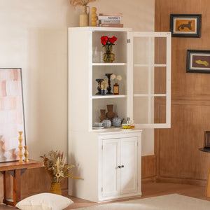 English Elm 75.25'' Farmhouse Pantry Cabinet Lattice Glass Door White Mdf Modular Storage Unit N845P279958W