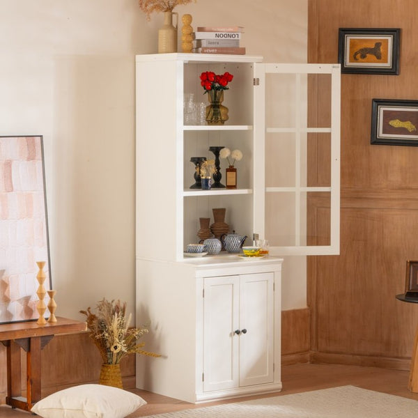 English Elm 75.25'' Farmhouse Pantry Cabinet Lattice Glass Door White Mdf Modular Storage Unit N845P279958W