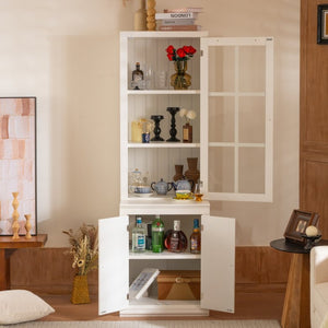 English Elm 75.25'' Farmhouse Pantry Cabinet Lattice Glass Door White Mdf Modular Storage Unit N845P279958W