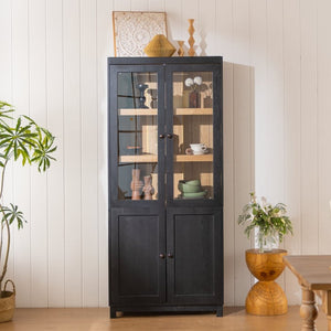 English Elm 74.5''h Ash Veneer Curio Cabinet Tempered Glass Doors Mid-century Two-tone Bookcase N845P296678B