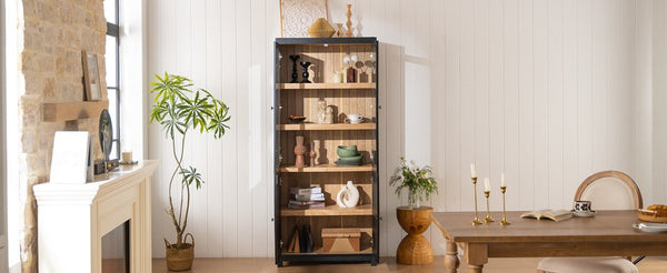 English Elm 74.5''h Ash Veneer Curio Cabinet Tempered Glass Doors Mid-century Two-tone Bookcase N845P296678B