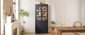 English Elm 74.5''h Ash Veneer Curio Cabinet Tempered Glass Doors Mid-century Two-tone Bookcase N845P296678B