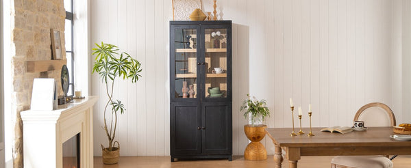 English Elm 74.5''h Ash Veneer Curio Cabinet Tempered Glass Doors Mid-century Two-tone Bookcase N845P296678B
