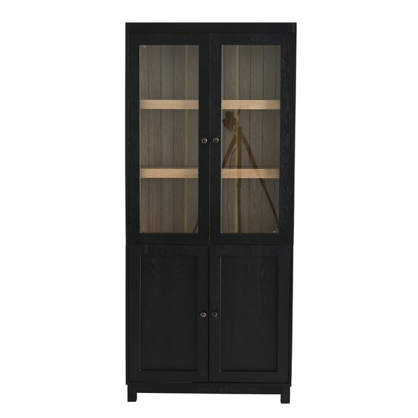 English Elm 74.5''h Ash Veneer Curio Cabinet Tempered Glass Doors Mid-century Two-tone Bookcase N845P296678B