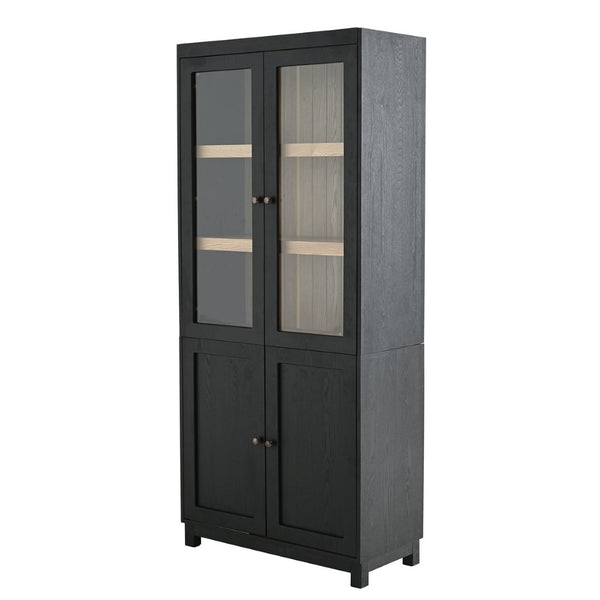 English Elm 74.5''h Ash Veneer Curio Cabinet Tempered Glass Doors Mid-century Two-tone Bookcase N845P296678B