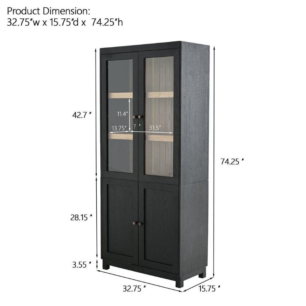 English Elm 74.5''h Ash Veneer Curio Cabinet Tempered Glass Doors Mid-century Two-tone Bookcase N845P296678B