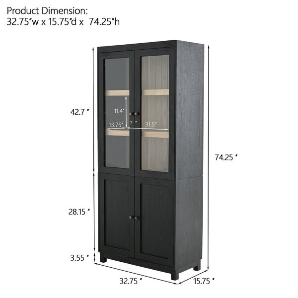 English Elm 74.5''h Ash Veneer Curio Cabinet Tempered Glass Doors Mid-century Two-tone Bookcase N845P296678B