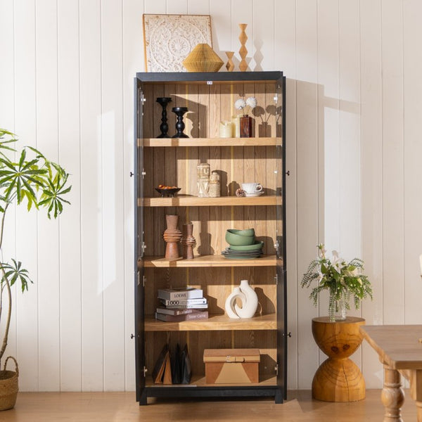 English Elm 74.5''h Ash Veneer Curio Cabinet Tempered Glass Doors Mid-century Two-tone Bookcase N845P296678B