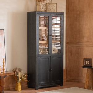 English Elm 74.5''h Ash Veneer Curio Cabinet Tempered Glass Doors Mid-century Two-tone Bookcase N845P296678B