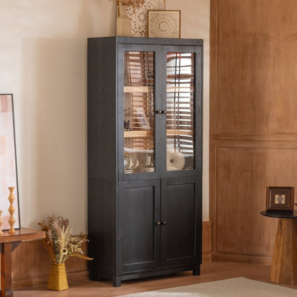 English Elm 74.5''h Ash Veneer Curio Cabinet Tempered Glass Doors Mid-century Two-tone Bookcase N845P296678B