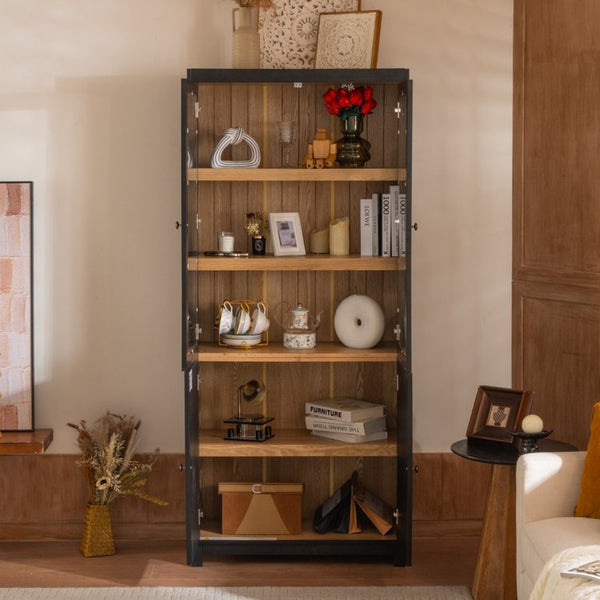 English Elm 74.5''h Ash Veneer Curio Cabinet Tempered Glass Doors Mid-century Two-tone Bookcase N845P296678B