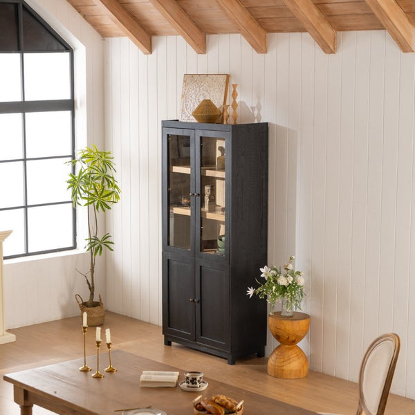 English Elm 74.5''h Ash Veneer Curio Cabinet Tempered Glass Doors Mid-century Two-tone Bookcase N845P296678B