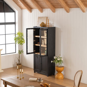 English Elm 74.5''h Ash Veneer Curio Cabinet Tempered Glass Doors Mid-century Two-tone Bookcase N845P296678B