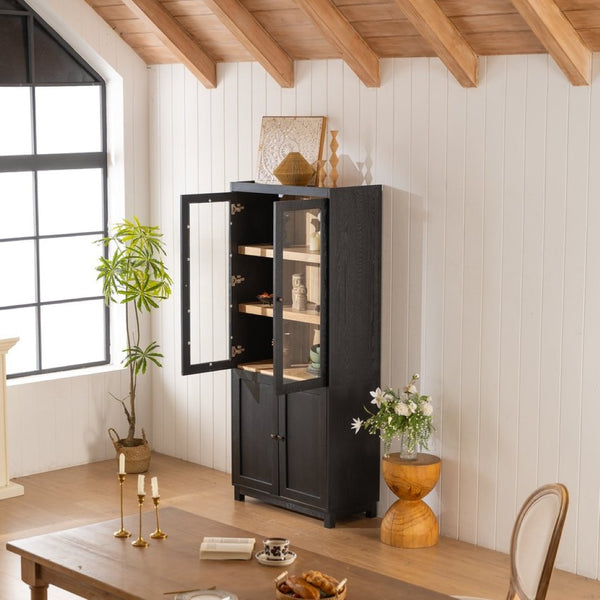 English Elm 74.5''h Ash Veneer Curio Cabinet Tempered Glass Doors Mid-century Two-tone Bookcase N845P296678B