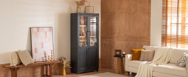 English Elm 74.5''h Ash Veneer Curio Cabinet Tempered Glass Doors Mid-century Two-tone Bookcase N845P296678B