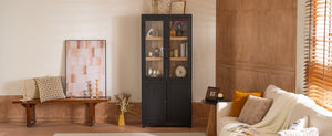 English Elm 74.5''h Ash Veneer Curio Cabinet Tempered Glass Doors Mid-century Two-tone Bookcase N845P296678B