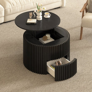 English Elm Vibe Haus Fluted Round Coffee Table with Lift Top Storage for Modern Living Rooms Black N893P459102B