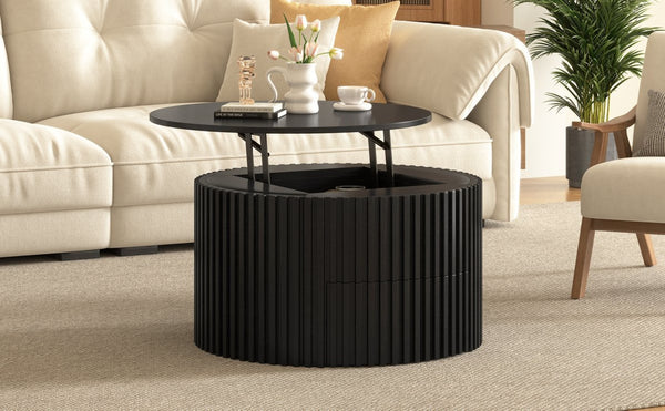 English Elm Vibe Haus Fluted Round Coffee Table with Lift Top Storage for Modern Living Rooms Black N893P459102B