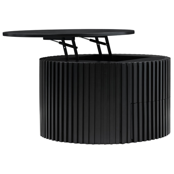 English Elm Vibe Haus Fluted Round Coffee Table with Lift Top Storage for Modern Living Rooms Black N893P459102B