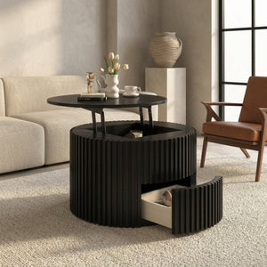 English Elm Vibe Haus Fluted Round Coffee Table with Lift Top Storage for Modern Living Rooms Black N893P459102B