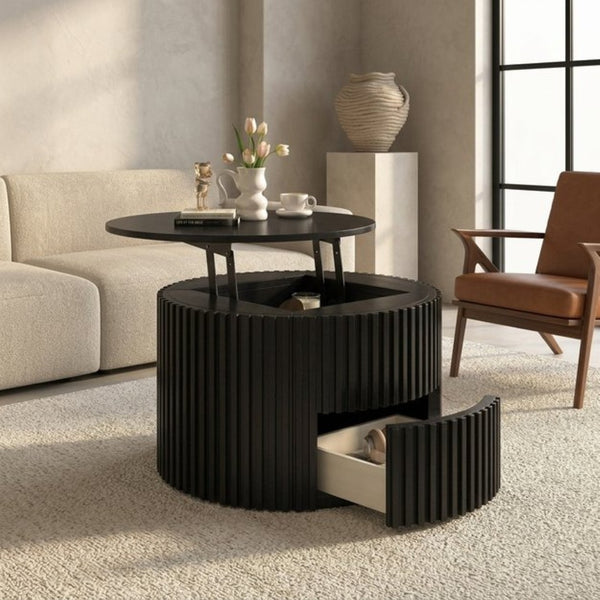 English Elm Vibe Haus Fluted Round Coffee Table with Lift Top Storage for Modern Living Rooms Black N893P459102B