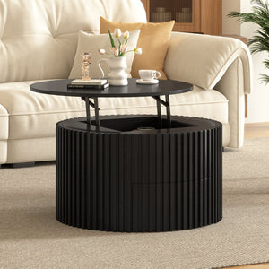English Elm Vibe Haus Fluted Round Coffee Table with Lift Top Storage for Modern Living Rooms Black N893P459102B