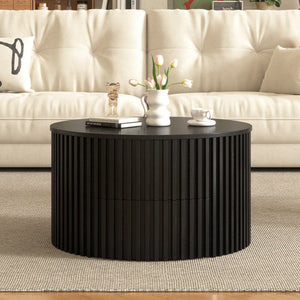 English Elm Vibe Haus Fluted Round Coffee Table with Lift Top Storage for Modern Living Rooms Black N893P459102B