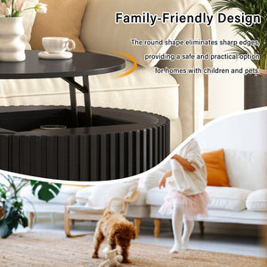 English Elm Vibe Haus Fluted Round Coffee Table with Lift Top Storage for Modern Living Rooms Black N893P459102B