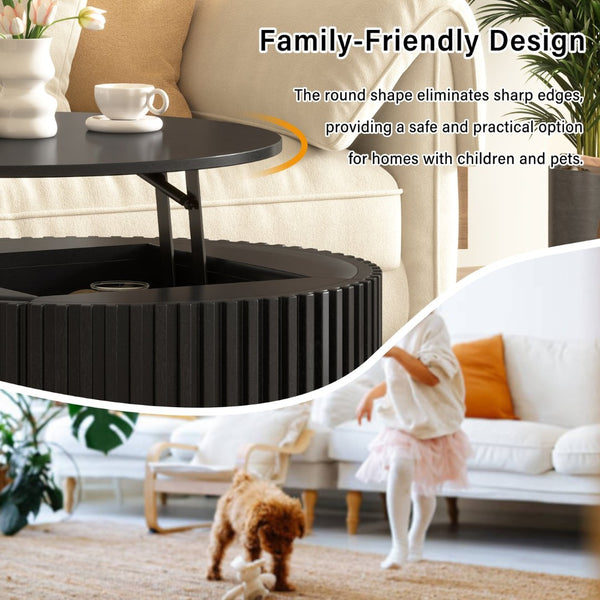 English Elm Vibe Haus Fluted Round Coffee Table with Lift Top Storage for Modern Living Rooms Black N893P459102B
