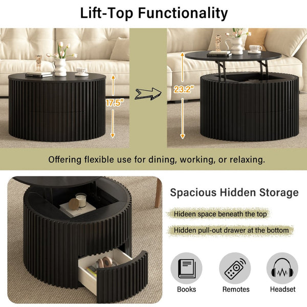 English Elm Vibe Haus Fluted Round Coffee Table with Lift Top Storage for Modern Living Rooms Black N893P459102B