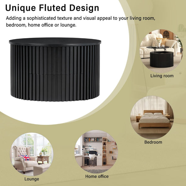 English Elm Vibe Haus Fluted Round Coffee Table with Lift Top Storage for Modern Living Rooms Black N893P459102B