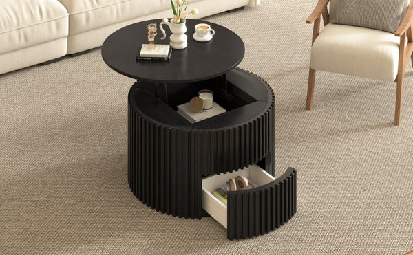 English Elm Vibe Haus Fluted Round Coffee Table with Lift Top Storage for Modern Living Rooms Black N893P459102B