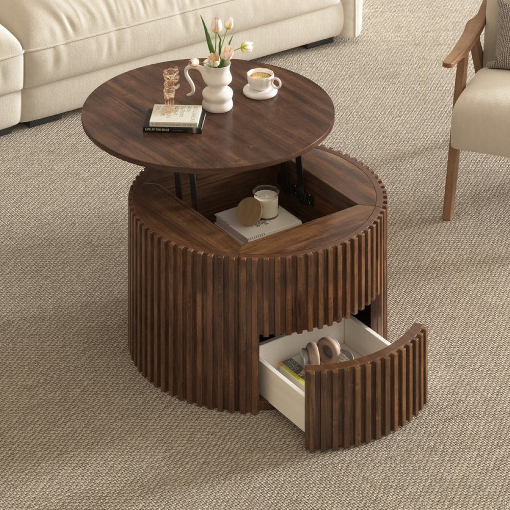 English Elm Vibe Haus Fluted Round Coffee Table with Lift Top Storage for Modern Living Rooms Brown N893P459102D