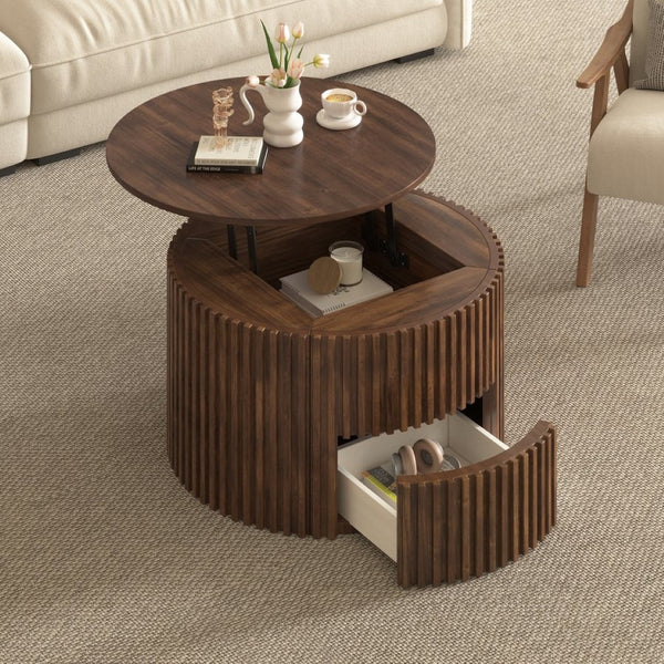 English Elm Vibe Haus Fluted Round Coffee Table with Lift Top Storage for Modern Living Rooms Brown N893P459102D
