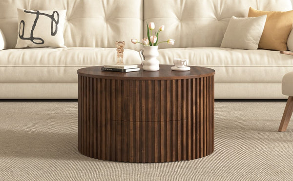 English Elm Vibe Haus Fluted Round Coffee Table with Lift Top Storage for Modern Living Rooms Brown N893P459102D