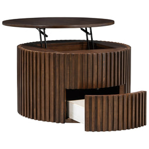 English Elm Vibe Haus Fluted Round Coffee Table with Lift Top Storage for Modern Living Rooms Brown N893P459102D